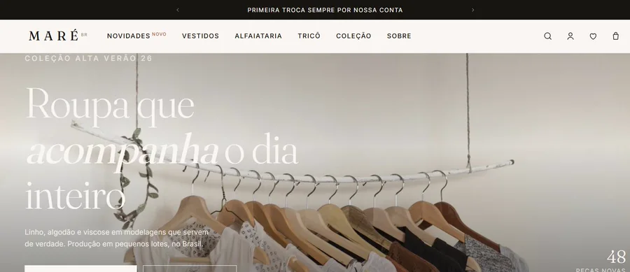 Vitrine do e-commerce MARÉ, com menu de categorias e destaque de coleção