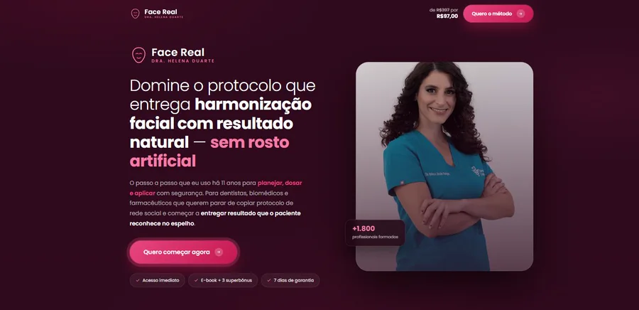Hero da landing page Face Real, método de harmonização facial para profissionais