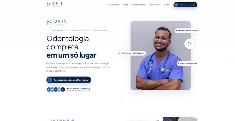 Home da clínica ORIS Odontologia, com dentista e botão de agendamento