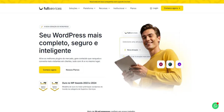 Página da plataforma FULL Services, com a chamada Seu WordPress mais completo, seguro e inteligente
