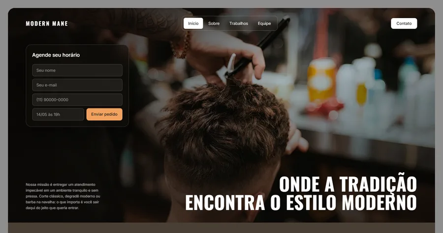 Home do site da barbearia Modern Mane, com barbeiro cortando cabelo e card de agendamento